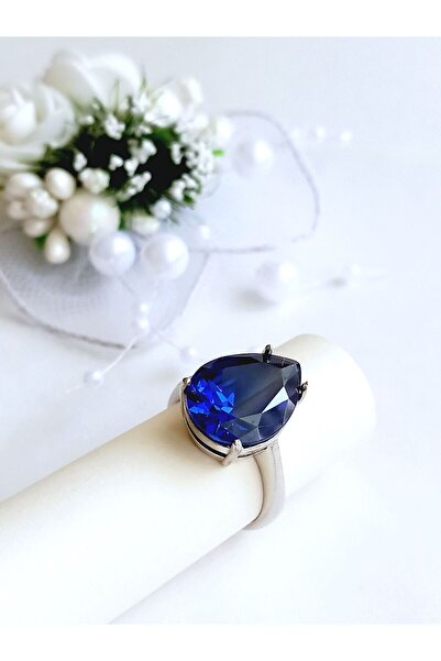 KESKİN GÜMÜŞ 18 Ayar Altın Kaplama Damla Tasarım Büyük Tanzanit Taşlı Kadın G...