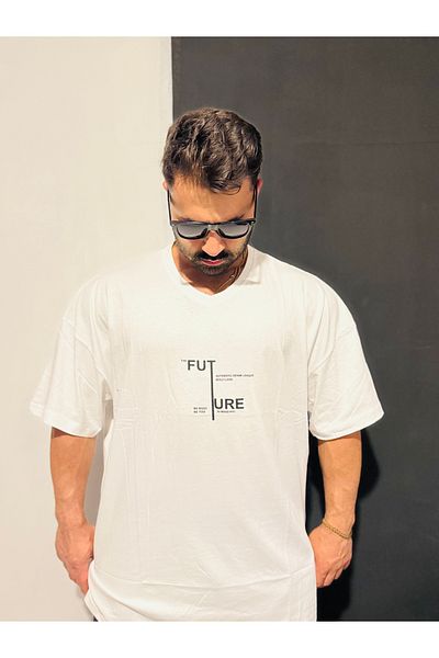 Bas Body FitnessWear Battal Size White Futura Printed Oversize V-Neck Combed Cotton T-Shirt