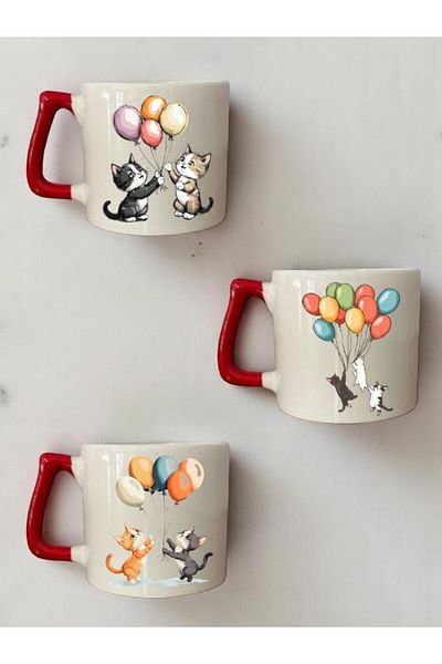 lili hediyelik Balloon Cat Printed 3-Piece Red Handled Coffee Cup Mug