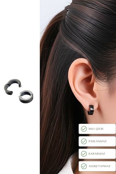 Lynare Compression No Hole Trend Steel Black Unisex Thick Hoop Earrings Fake Earrings Ear Cuff 2Pcs