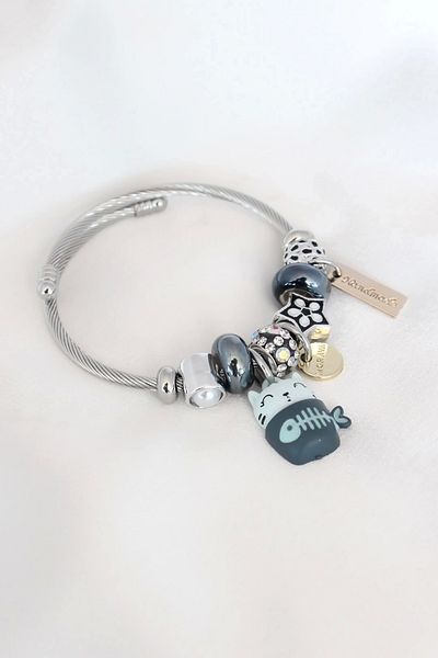 STOREMAX Blue Cat Figure Star Detail Silver Color Charm Steel Women's Bracelet