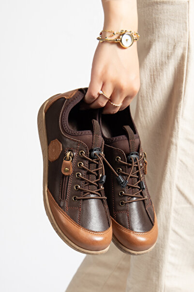 CANİLH حذاء رياضي كاجوال نسائي من الجلد الطبيعي بنعل ناعم باللون البني الداكن