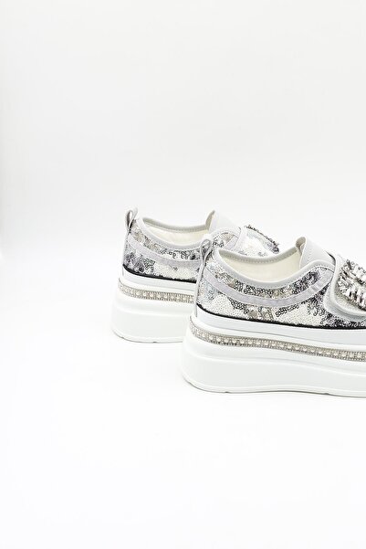 Guja İthak Özel Seri Taban Taş Detaylı Pullu Cırtlı Kadın Spor Ayakkabı GJ423 Gri