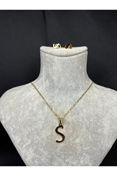 Mos Tespih S Harfi Gold Çelik Kolye ve Küpe Seti