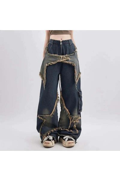 Pop Giyim Y2k Stars Patch Detail Washable Trousers
