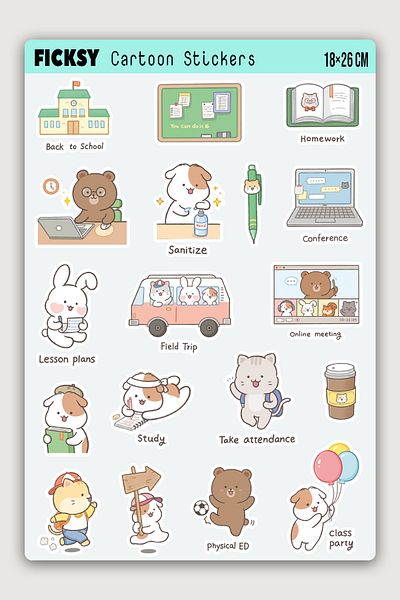 Ficksy Kawaii Style Cute Animals Education Teacher Themed Sticker Set - 40 Pieces of Label Stickers