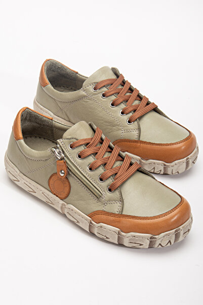 CANİLH Hakiki Deri Yumuşak Tabanlı Kadın Taba Yeşil Sneaker Günlük Spor Ayakkabı