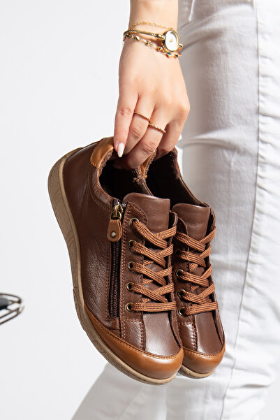 CANİLH Hakiki Deri Yumuşak Tabanlı Kadın Kahve Taba Sneaker Günlük Spor Ayakkabı