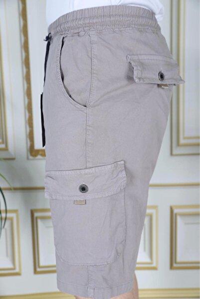 PHANTOM JEANS Men's Stone Color Lycra Gabardine Shorts Cargo Pocket Cotton Elastic Waist Lace-Up Basic Shorts