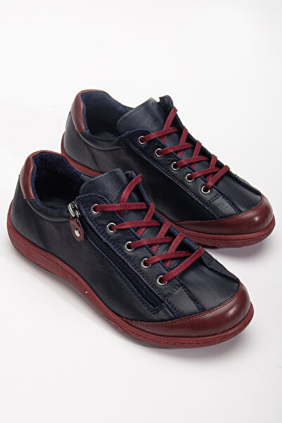CANİLH Hakiki Deri Yumuşak Tabanlı Kadın Lacivert Bordo Sneaker Günlük Spor Ayakkabı