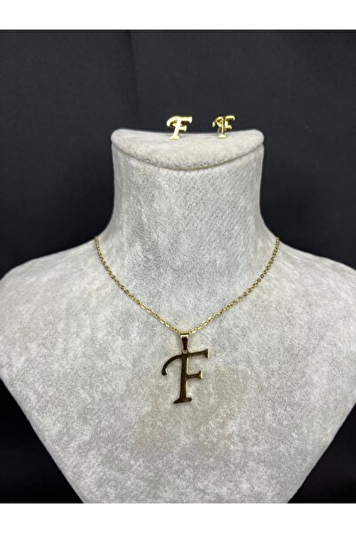Mos Tespih F Harfi Gold Çelik Kolye ve Küpe Kolye