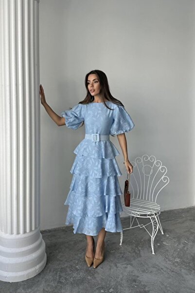 Genel Markalar Bebe Mavi Kat Kat Balon Kollu Kemerli Elbise