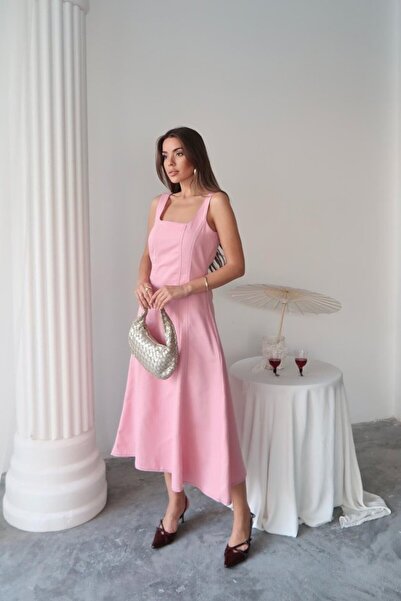 Ekince Turega Style Pink Double Stitched Gabardine Dress