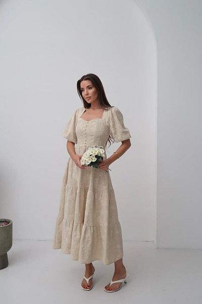 Kadınle Modavera Beige Ornamental Button Balloon Sleeve Dress
