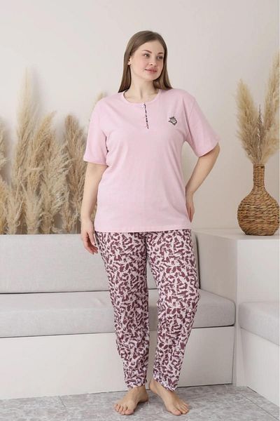 Sude Women's Plus Size Button Collar Combed Cotton Short Sleeve Thin Pajamas Set P146 - 1 Piece