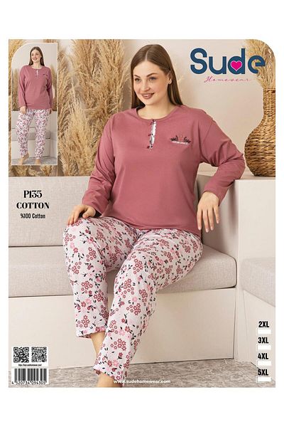 Sude Women's Plus Size Button Collar Combed Cotton Long Sleeve Thin Pajamas Set P135 - 1 Piece