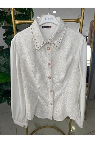 Anka Krep önü dantelli taş detaylı gömlek