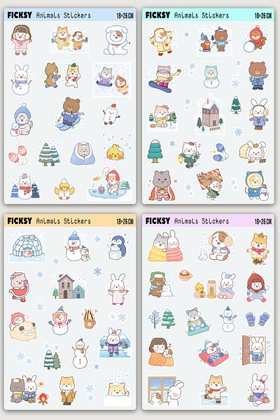 Ficksy Kawaii Style Cute Animals Winter Themed Sticker Set - 65 Pieces of Sticker Stickers