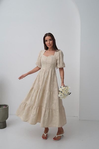 Kadınle Modavera Beige Ornamental Button Balloon Sleeve Dress