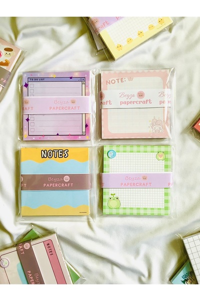 Beyza PaperCraft 4’lü Notepad Seti Yeşil Kareli Kurbağa ,Pembe Desenli Ayıcıklı, Mavi Notes, Mor Çizgili To-Do List