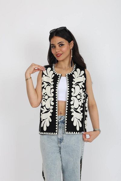 Stil Sepeti Women's Black Linen White Embroidery Embroidered Lined Vest Esc-10002002
