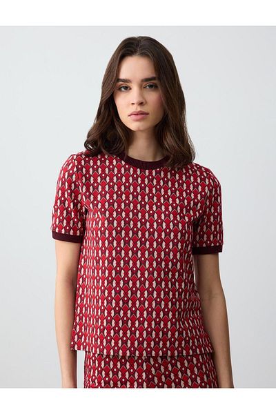Jimmy Key Crew Neck Short Sleeve Geometric Patterned Knitted Blouse
