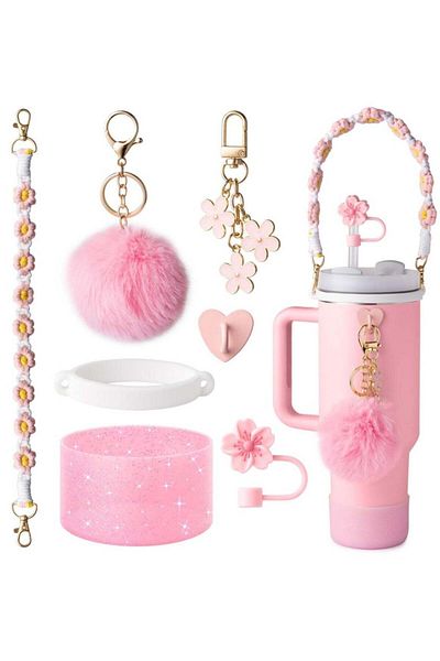 REEMA 7Pcs Pink Stanley Cup Accessories Set for 30oz 40oz Tumbler Water Bottle Handle Strap Boot, Si