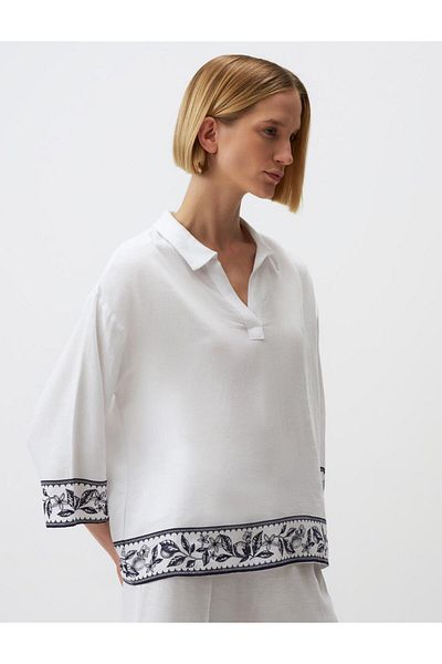 Jimmy Key Trouser Sleeve V-Neck Patterned Linen Blouse
