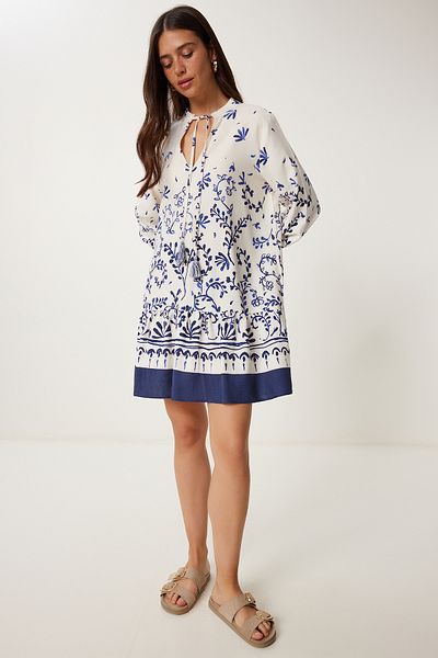 Lovelyİstanbul Patterned Flowing Summer Dress Cream Navy Blue Lwf0034