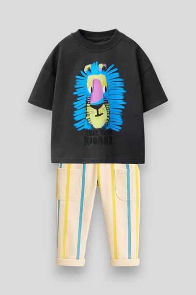Magu Boys' Cotton Black Lion Printed T-Shirt and Striped Pants Set