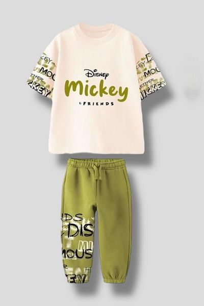 Magu Boys' Cotton Green Disney Mickey & Friends Printed T-Shirt and Sweatpants Set