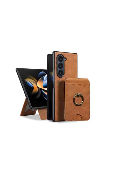 REDz Accessories Husă premium pentru Samsung Galaxy Z Fold 5, piele ecologică, suport detașabil pentru carduri, inel rotativ, maro