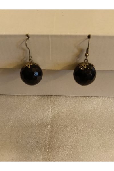 Butik Tülin Authentic Natural Stone Onyx Black Cutout Dangle Ball Earrings 3.5X1.8 cm Indian Made