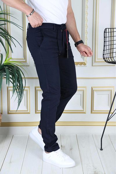 PHANTOM JEANS Men's Navy Blue Slim Fit Flexible Lycra Dobby Linen Lace-Up Belted Stylish Trousers with Elastic Waist