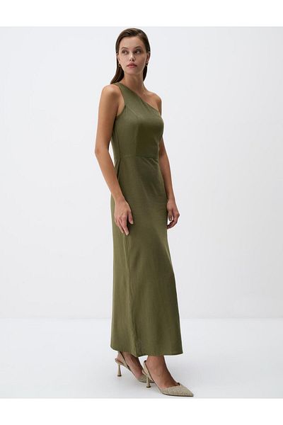 Jimmy Key One Shoulder Slit Midi Linen Dress