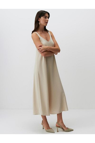 Jimmy Key Strappy V-Neck Basic Midi Linen Dress