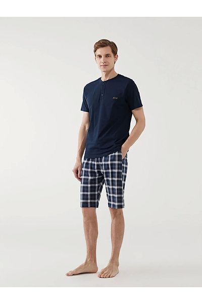 LC Waikiki Navy Blue Standard Fit Crew Neck 100% Cotton Short Sleeve Men's Shorts Pajama Set