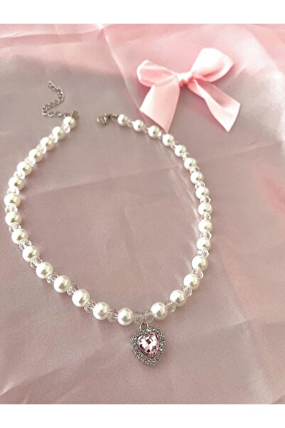 bohemian takı tasarim Kristal Taşlı Pembe Kalpli İnci Prenses Kolye
