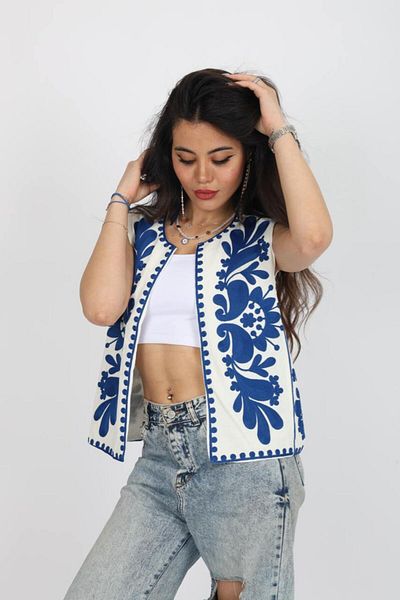 Stil Sepeti Women's White Linen Blue Embroidery Embroidered Lined Vest Esc-10002002