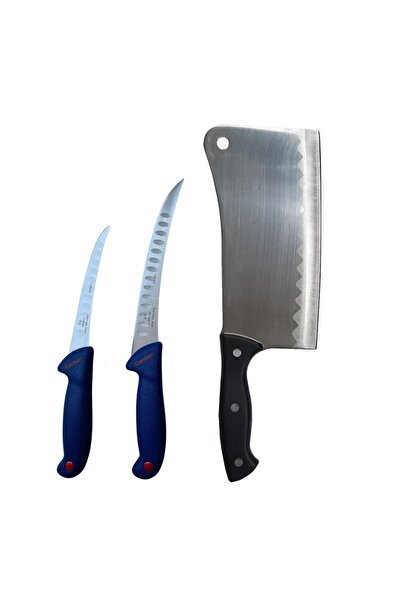 Globalport Retail professional butchery set: 2 serrated filleting and boning knives + cleaver