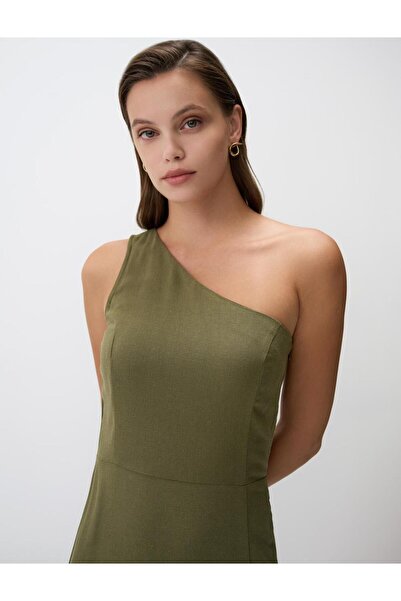 Jimmy Key One Shoulder Slit Midi Linen Dress
