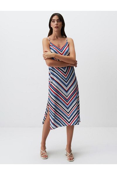 Jimmy Key Striped Midi Dress with V-Neck Straps