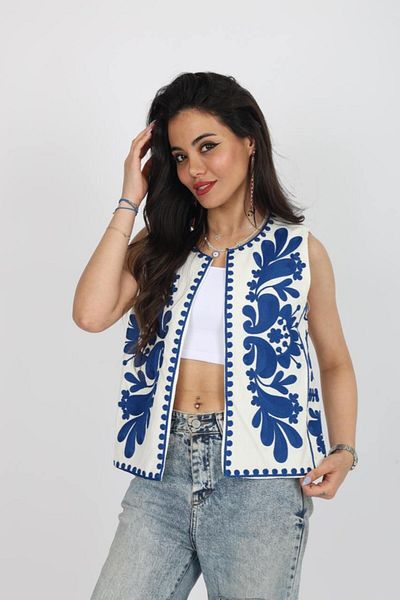 Stil Sepeti Women's White Linen Blue Embroidery Embroidered Lined Vest Esc-10002002