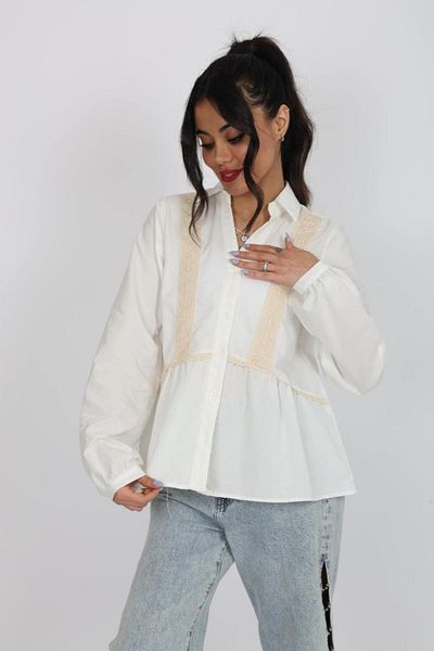 Stil Sepeti Cămașă de damă, albă, cu mânecă lungă, bej, cu detaliu din dantelă, din poplin ESC-1000789123