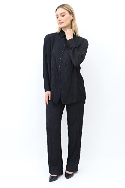 Yaqa Krinkıl Kumaş Cindrella Gömlek - Siyah
