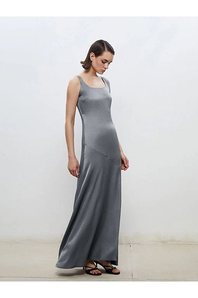 LC Waikiki Soulife Gray Square Collar Satin Evening Dress