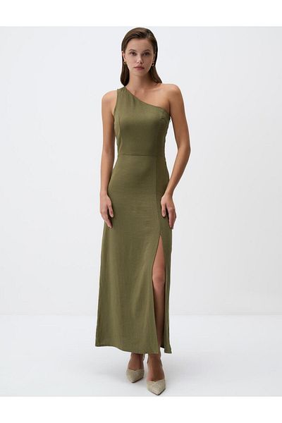 Jimmy Key One Shoulder Slit Midi Linen Dress