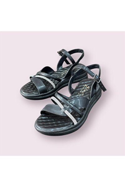 İpek Silk Women's Black Stone Orthopedic Comfortable Sole Band Sandals