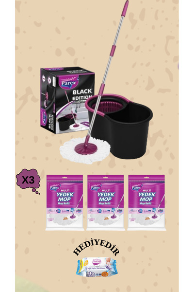 Parex Black Edition Döner Başlıklı Temizlik Seti 3 Adet Orijinal Mop Hediyeli