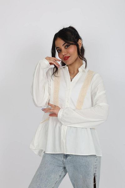 Stil Sepeti Cămașă de damă, albă, cu mânecă lungă, bej, cu detaliu din dantelă, din poplin ESC-1000789123